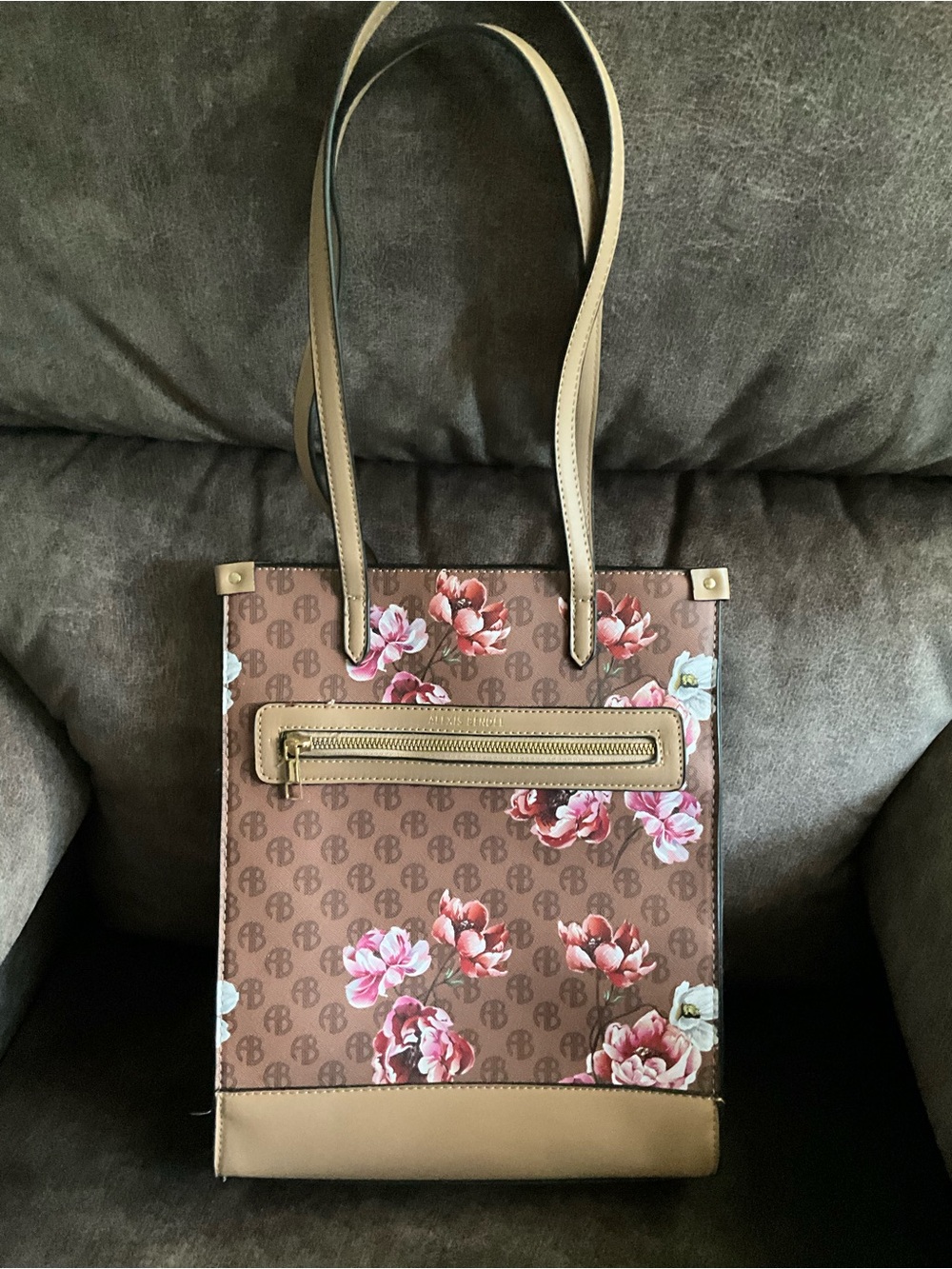 Brown Floral Tote with Pink Accents by